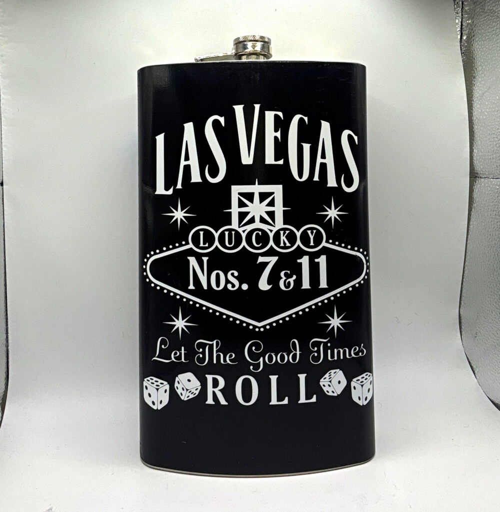 Las Vegas Novelty Stainless Steel Hip Flask 64oz Black Screw Cap Lucky 7 11